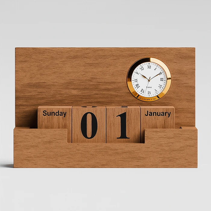 Wooden Phone & Pen Holder With Calendar & Clock