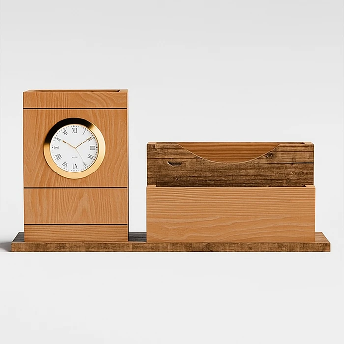 Wooden Phone & Card Holder with Pen Stand & Clock