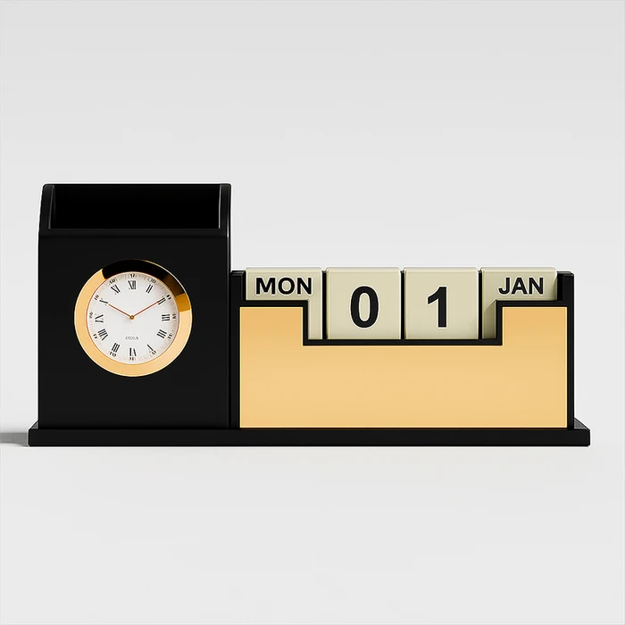 Gold Plated Mobile & Stationary Holder with Clock & Calendar