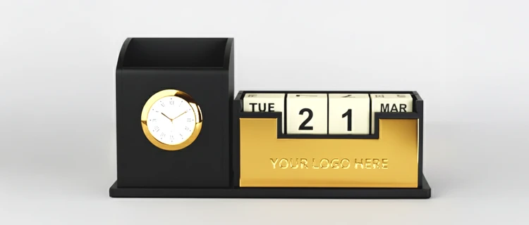 Gold Plated Mobile & Stationary Holder with Clock & Calendar - alternate view