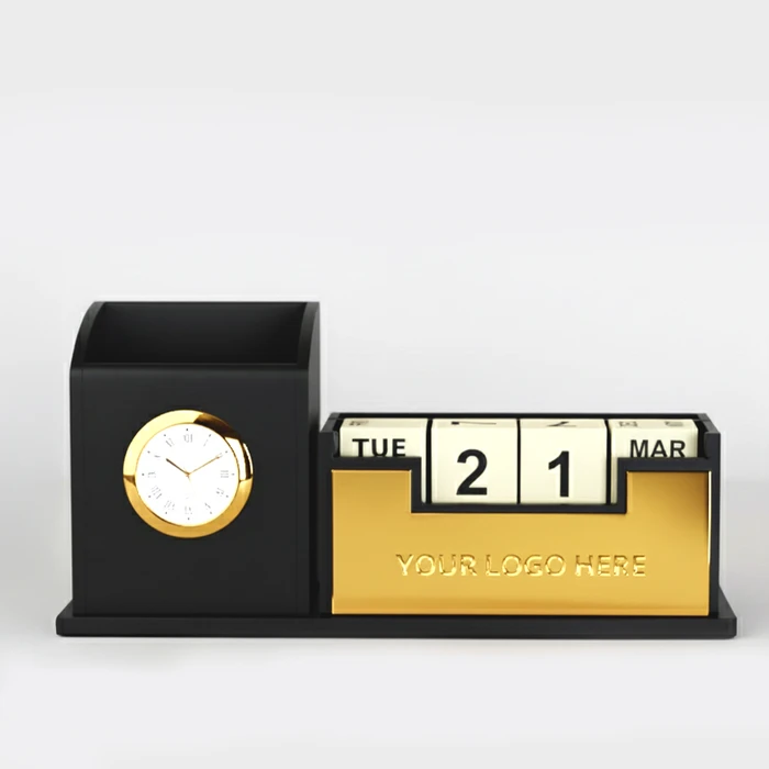 Gold Plated Mobile & Stationary Holder with Clock & Calendar - gallery image 4