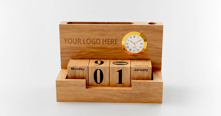 Wooden Phone & Pen Holder With Calendar & Clock - primary view