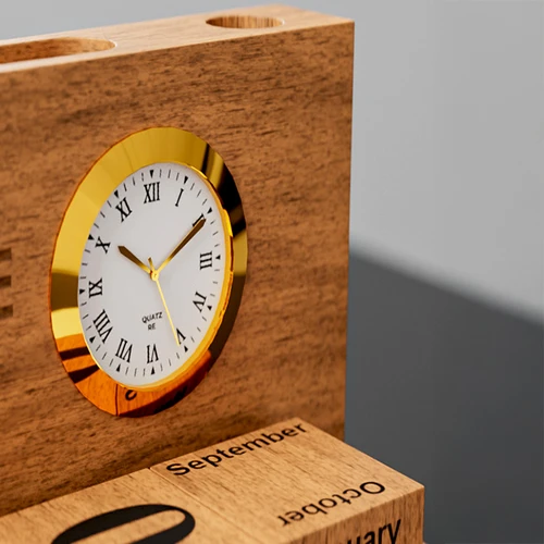 Wooden Phone & Pen Holder With Calendar & Clock - detail view 1