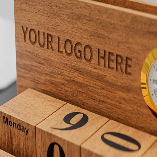 Wooden Phone & Pen Holder With Calendar & Clock - detail view 2