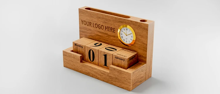 Wooden Phone & Pen Holder With Calendar & Clock - alternate view