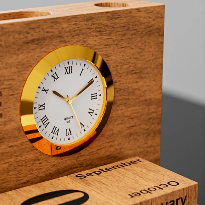 Wooden Phone & Pen Holder With Calendar & Clock - gallery image 2