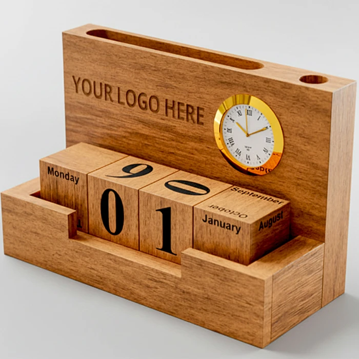 Wooden Phone & Pen Holder With Calendar & Clock - gallery image 4