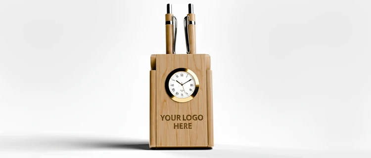 Wooden Pen Stand with Clock - alternate view