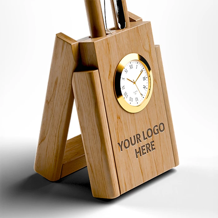 Wooden Pen Stand with Clock - gallery image 3