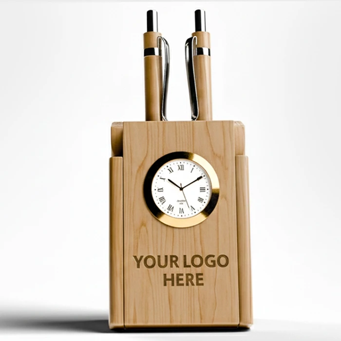 Wooden Pen Stand with Clock - gallery image 4