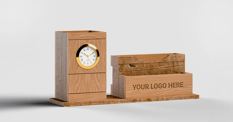 Wooden Phone & Card Holder with Pen Stand & Clock - primary view
