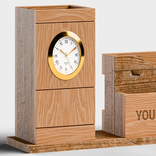 Wooden Phone & Card Holder with Pen Stand & Clock - detail view 1
