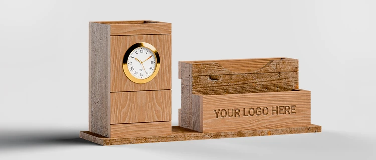 Wooden Phone & Card Holder with Pen Stand & Clock - alternate view