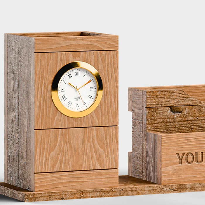 Wooden Phone & Card Holder with Pen Stand & Clock - gallery image 2