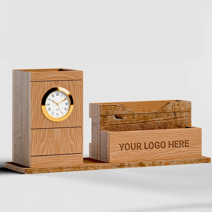 Wooden Phone & Card Holder with Pen Stand & Clock - gallery image 4